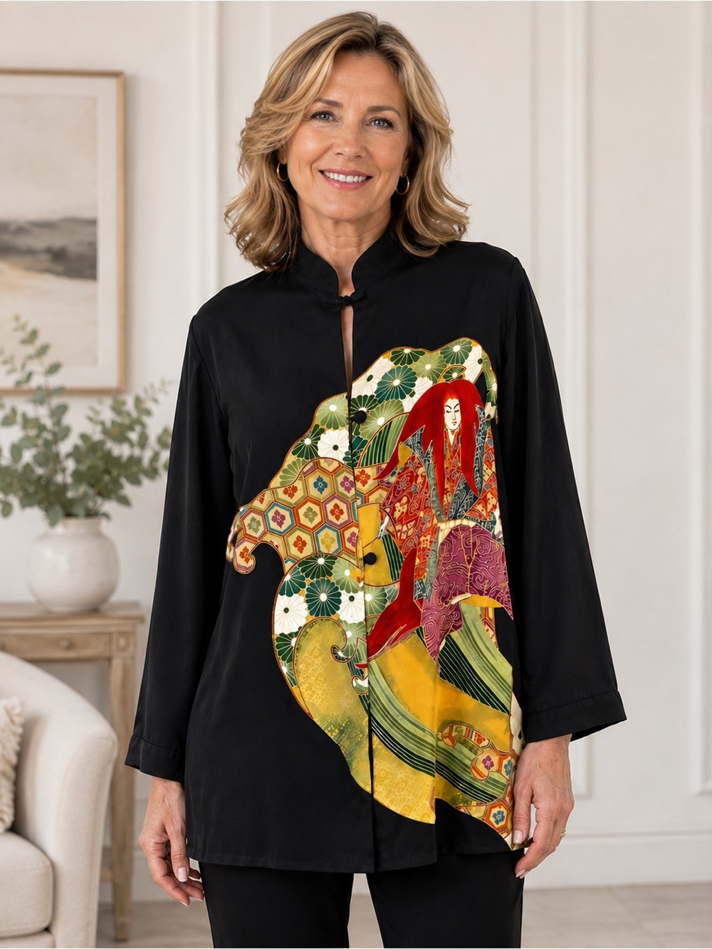 VTG Lillie Rubin Silk Oriental Art Jacket Black Kimono Tunic L Wearable Art